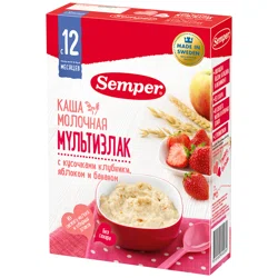 SEMPER Каша молочная мультизлак кусочки клубники/яблоко/банан 12м+ 200гр