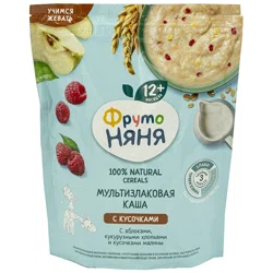 ФРУТО НЯНЯ Каша мультизлаковая с кусочками яблок,хлопьев и малины 12м+ 200гр