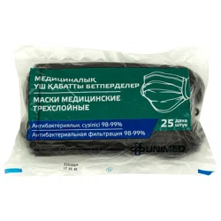 UNI MED Маска мед трехслойная на резинке одноразовая черная (25шт)1шт