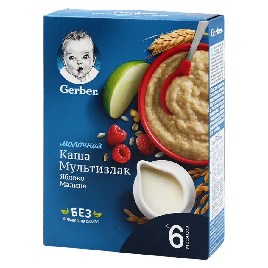 GERBER Каша молочная Мультизлак яблоко и малина 6 месяцев+ 180гр