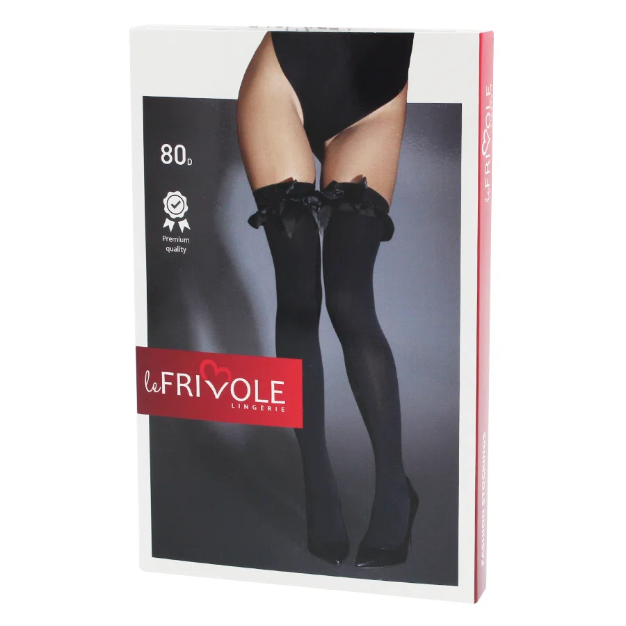 LE FRIVOLE Чулки плотные черные с атласными бантами S/M 04833