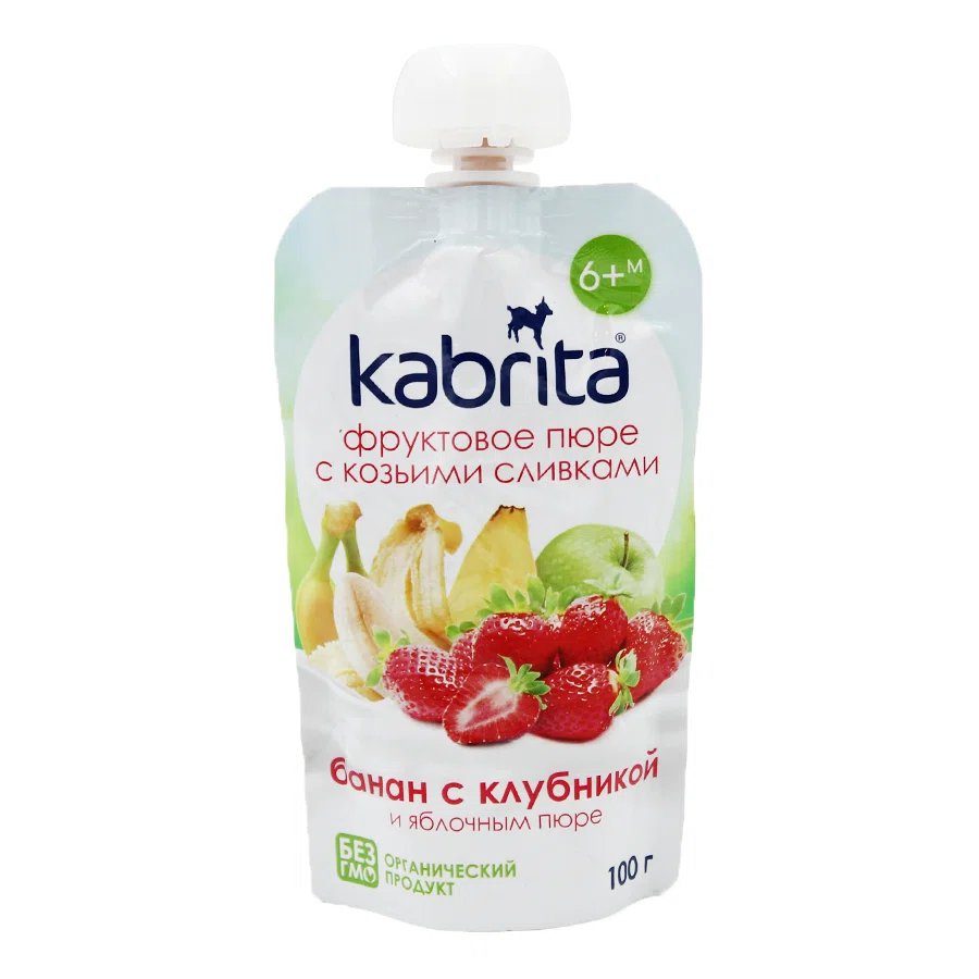 KABRITA Пюре с козьими сливками / банан с клубникой и яблочным пюре 100гр