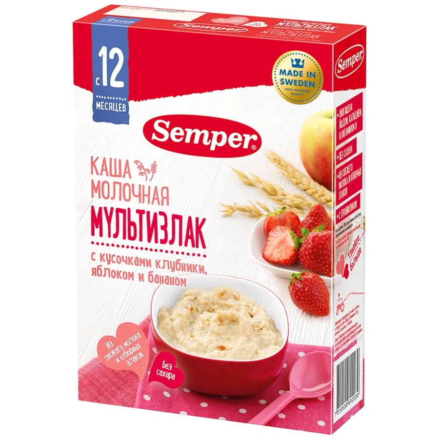 SEMPER Каша молочная мультизлак кусочки клубники/яблоко/банан 12м+ 200гр