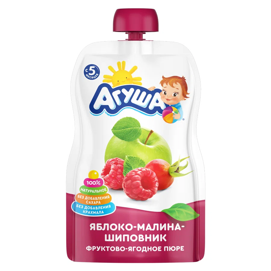 АГУША Пюре фруктово-ягодное яблоко-малина-шаповник 6+ 90гр (пауч)