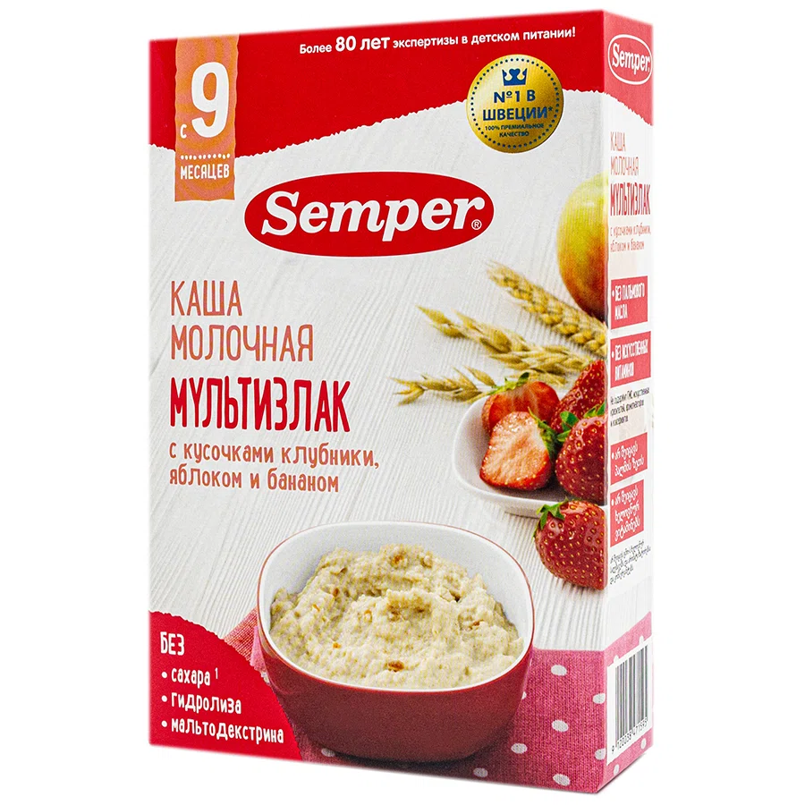 SEMPER Каша молочная мультизлак кусочки клубники/яблоко/банан 9м+ 180гр