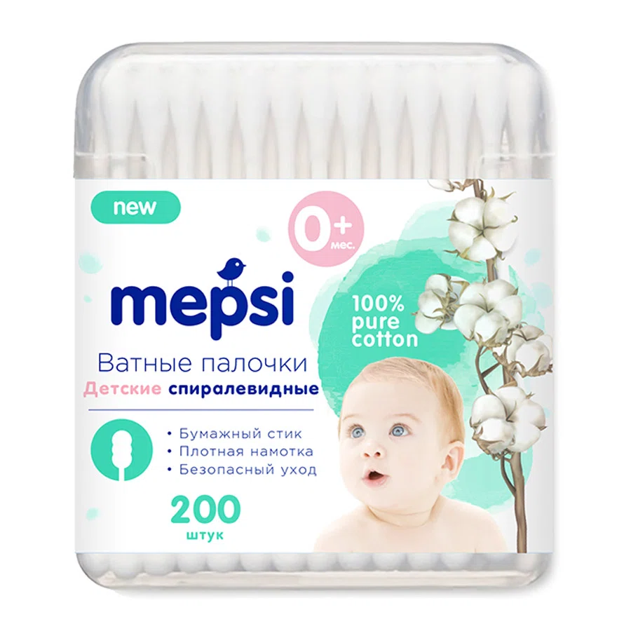 MEPSI Палочки ватные детские спиралевидные 200шт