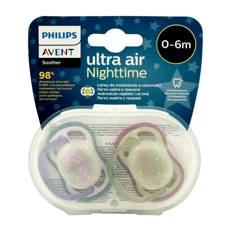 AVENT PHILIPS Соска-пустышка ортодонтические Ultra air NIGHTTIME 0-6м 2шт