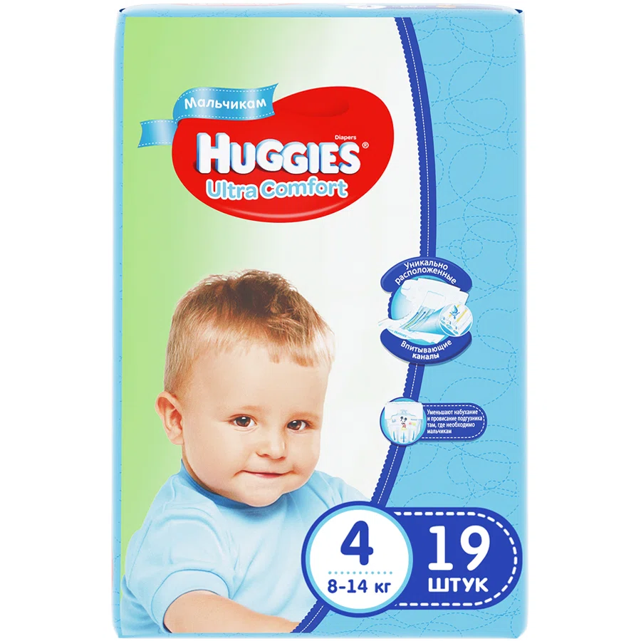 HUGGIES Подгузники Ultra comfort 4, 8-14 кг 19шт для мальчиков