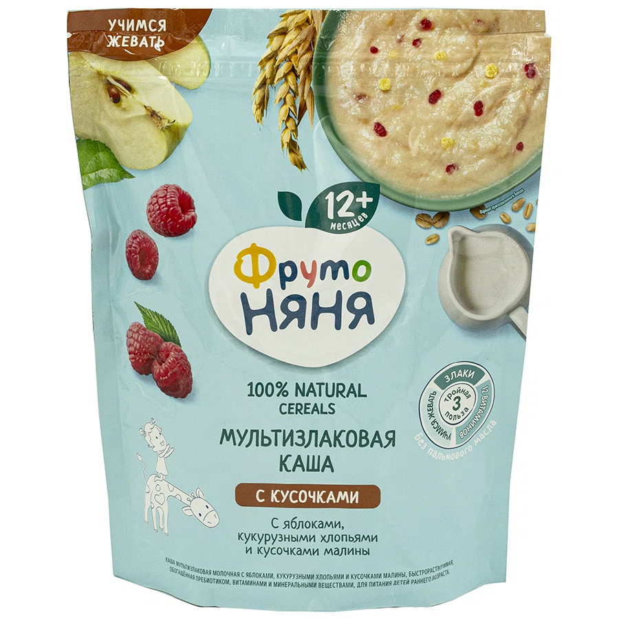 ФРУТО НЯНЯ Каша мультизлаковая с кусочками яблок,хлопьев и малины 12м+ 200гр