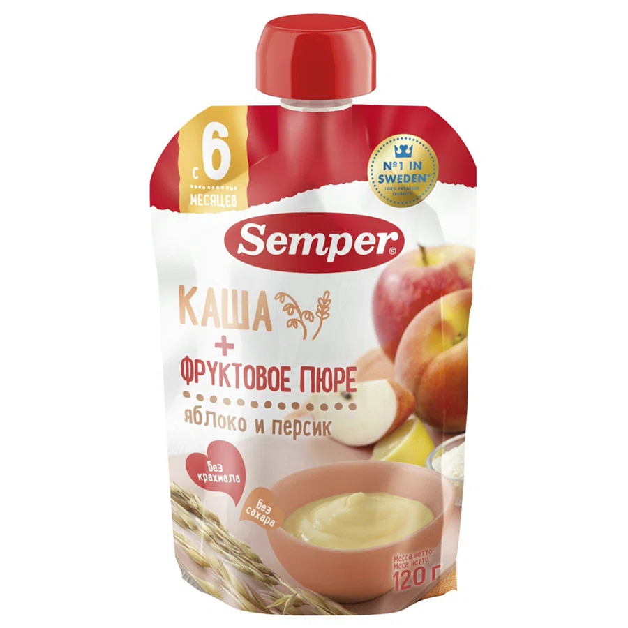 SEMPER Каша + пюре яблоко/персик 6м+ 120гр (пауч)