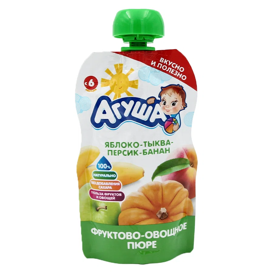 АГУША Пюре фруктово-овощное яблоко-тыква-персик-банан 6+ 90гр (пауч)