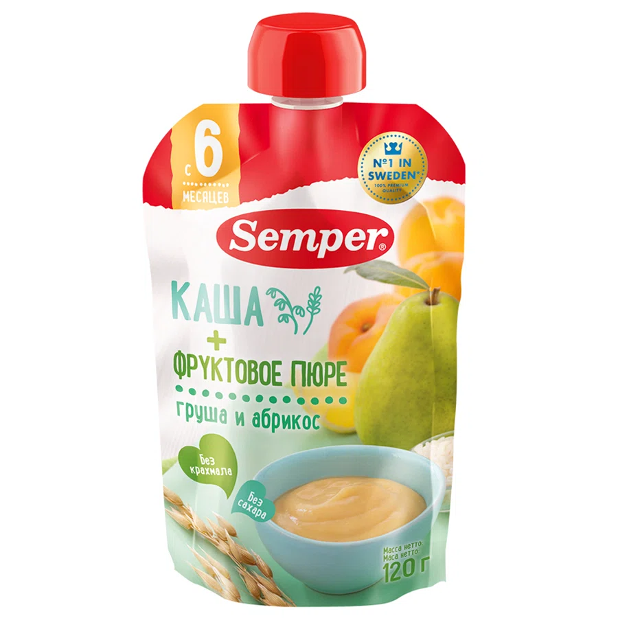 SEMPER Каша + пюре груша/абрикос 6м+ 120гр (пауч)