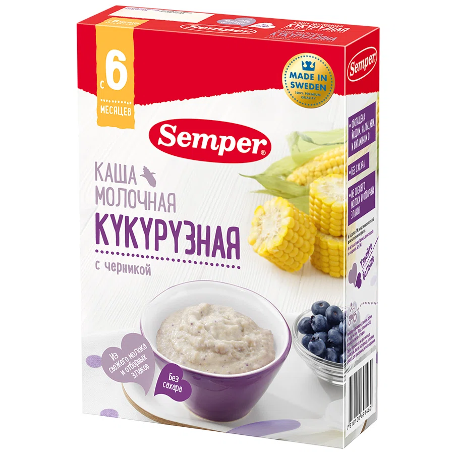 SEMPER Каша молочная кукурузная с черникой 6м+ 200гр