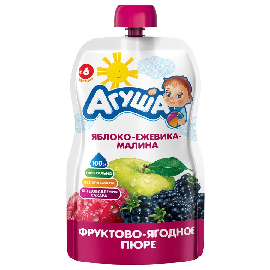 АГУША Пюре фруктово-ягодное яблоко-ежевика-малина 5+ 90гр (пауч)