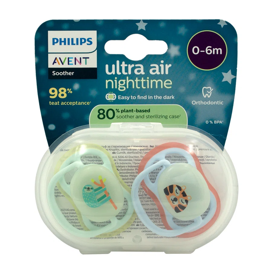 AVENT PHILIPS Соски-пустышки ортодонтические Ultra air  NIGHTTIME 0-6м