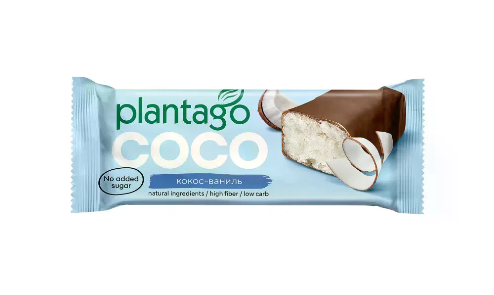 PLANTAGO Батончик глазированный кокосовый со вкусом ваниль 50гр