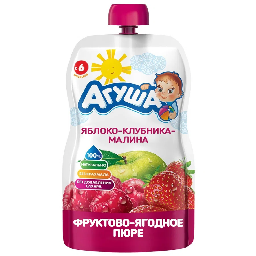 АГУША Пюре фруктово-ягодное яблоко-клубника-малина 6+ 90гр (пауч)