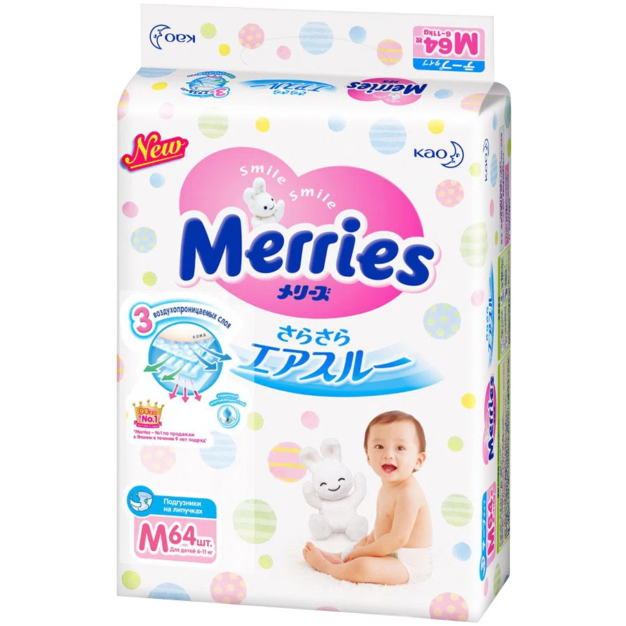 MERRIES Подгузник М 6-11кг 64шт